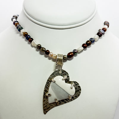 Jasper Heart pendant on single strand multicolor pearl necklace
