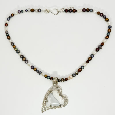 Jasper Heart pendant on single strand multicolor pearl necklace