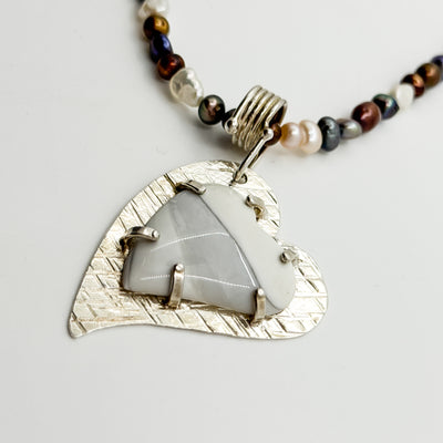 Jasper Heart pendant on single strand multicolor pearl necklace