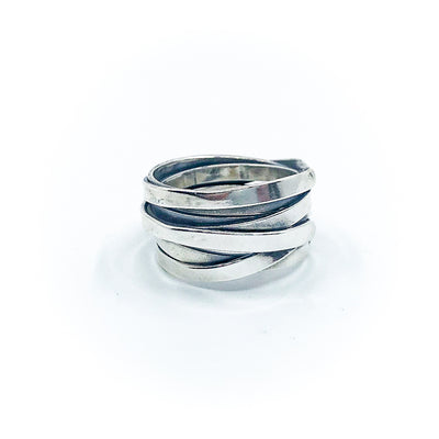 left side view of size 10.75 Men's Sterling Flattened Random Theory Ring by Judie Raiford