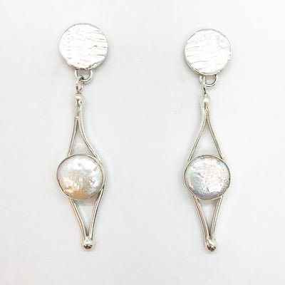 Sterling silver Split Earrings with White Coin Pearl by Judie Raiford