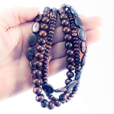 Triple Strand Copper Coin and Round Pearl Necklace