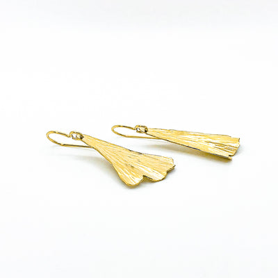 side angle view of 14k Gold Filled Ginkgo Ra Ra Earrings by Judie Raiford