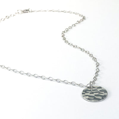 Sterling Ball Pein Textured Mini Flat Circle Disc Necklace