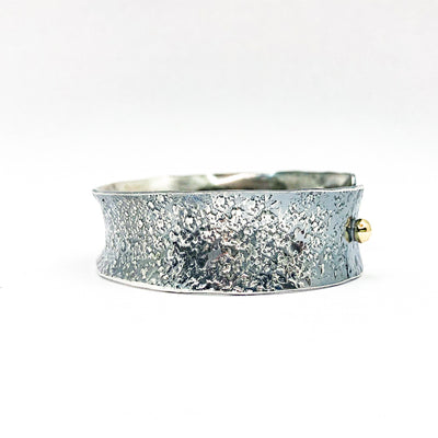 right side view of 3/4" Mom's Hammer Oxidized Sterling Anticlastic Cuff with 14k Gold Balls by Judie Raiford