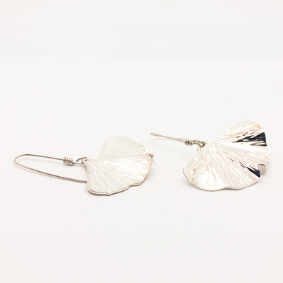 side angle view of Large Sterling Ginkgo Earrings by Judie Raiford