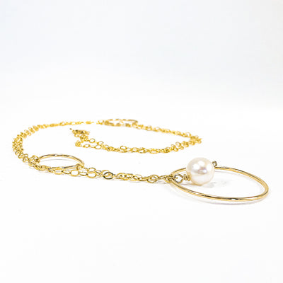 Long Circle Lariat Necklace with White Pearl