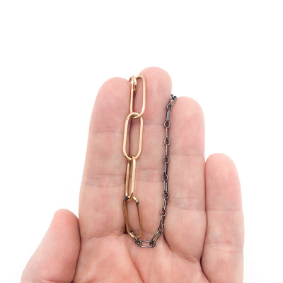 30" 14k Gold Filled Oval Links on Oxidized Sterling Chain Necklace by Judie Raiford held in hand