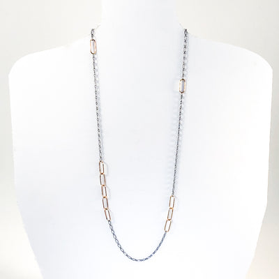 30" 14k Gold Filled Oval Links on Oxidized Sterling Chain Necklace by Judie Raiford hanging on a white mannequin bust
