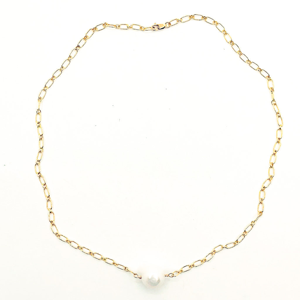 Single White Pearl on 14k Gold Filled Long Short Chain by Judie Raiford