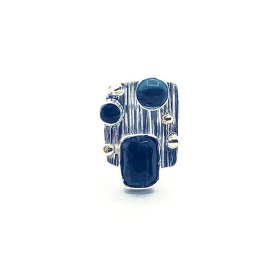 size 7.5 Sterling Silver Half Platter Ring with 14k and Blue Green Tourmaline by Judie Raiford