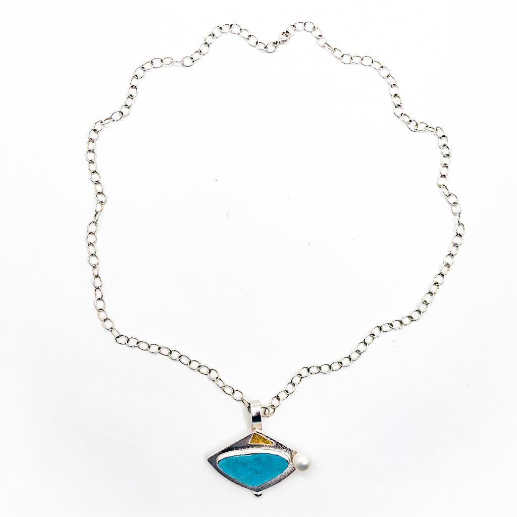 Sterling and 24k Blue Druzy Chrysachola with Pearl Necklace
