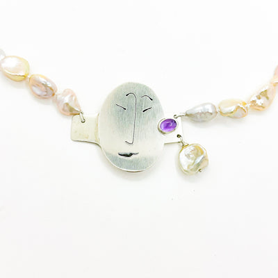 Unmentionables Necklace with Off White Baroque Pearls and Amethyst