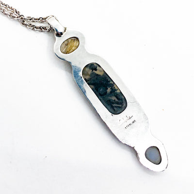 Sterling Stibnite in Chalcedony and Rutilated Quartz Pendant Necklace