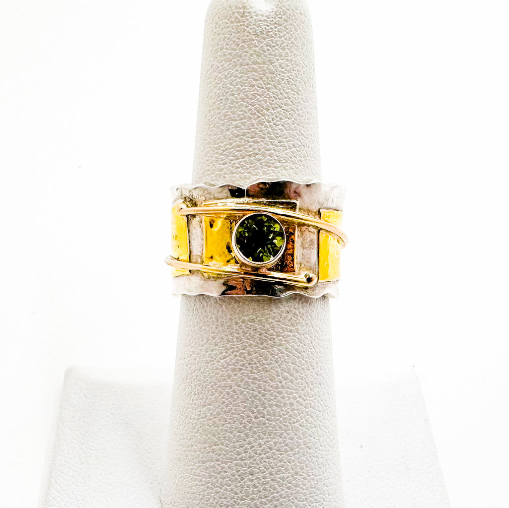 Sterling, 24k and 14k Lyric Ring with Peridot