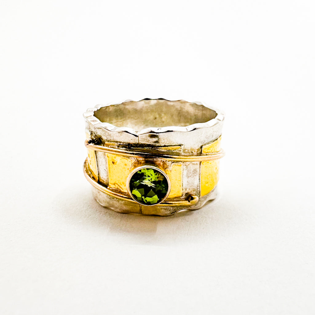Sterling, 24k and 14k Lyric Ring with Peridot