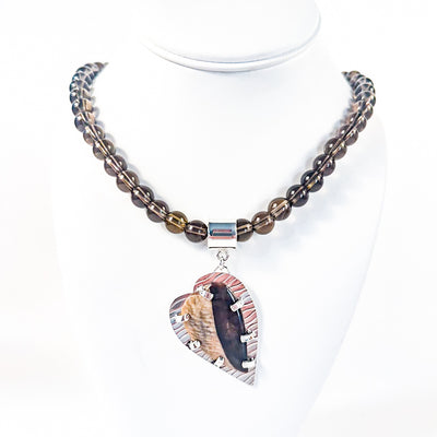 Petrified Sycamore Heart on Smokey Quartz Beads Necklace