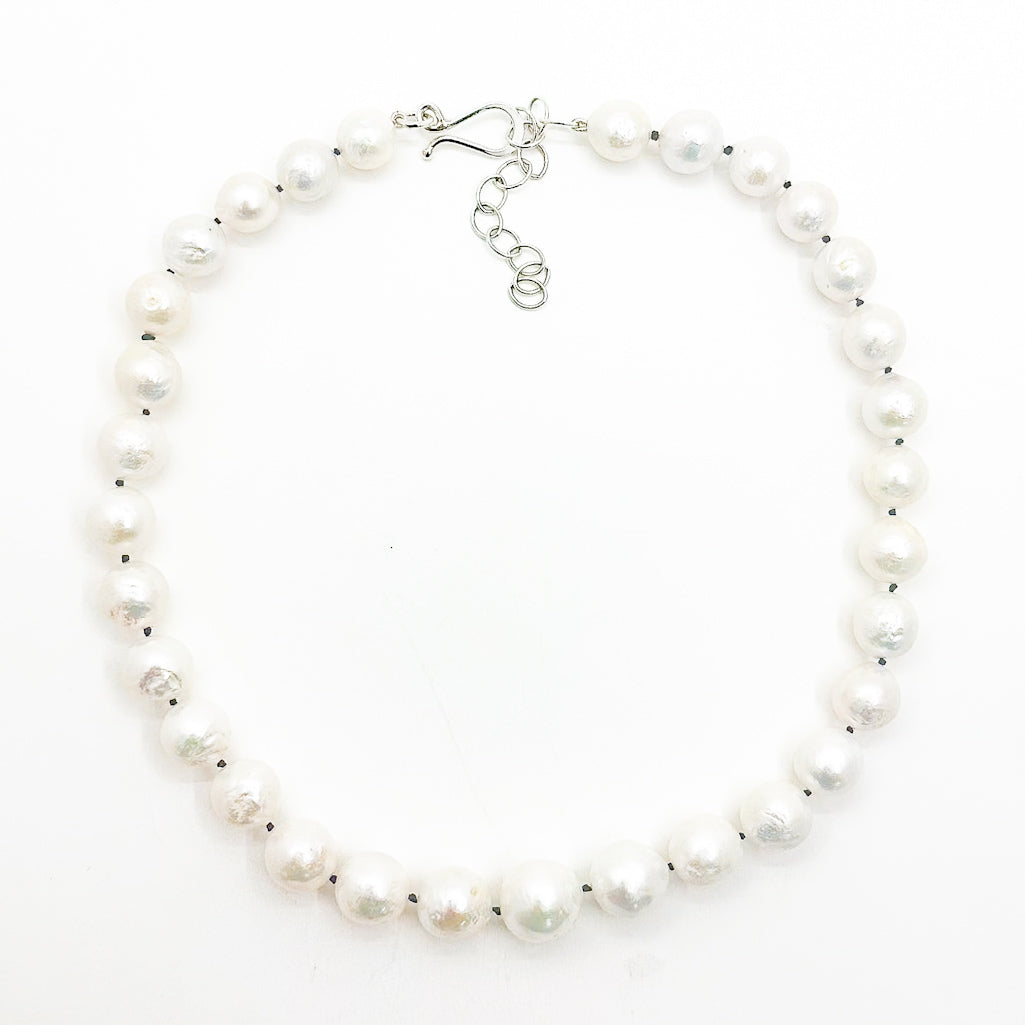 White Baroque Pearls on Black Silk Necklace
