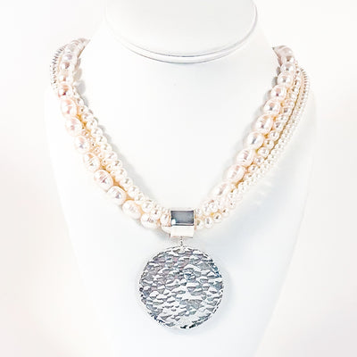 Sterling Hammered Disc Triple Strand White Pearl Necklace