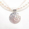 Sterling Hammered Disc Triple Strand White Pearl Necklace