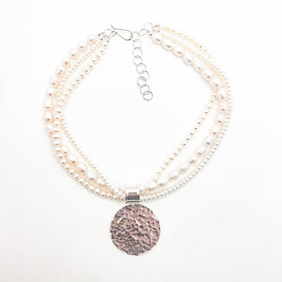 Sterling Hammered Disc Triple Strand White Pearl Necklace