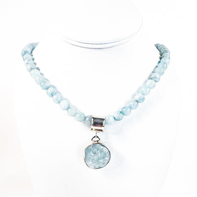 Sterling Aquamarine Bead Necklace with Natural Surface Aquamarine