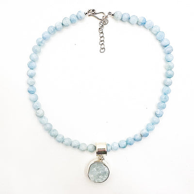 Sterling Aquamarine Bead Necklace with Natural Surface Aquamarine