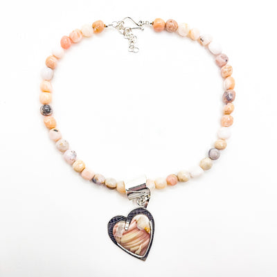 Porcelain Jasper Heart on Pink Opal Beads Necklace