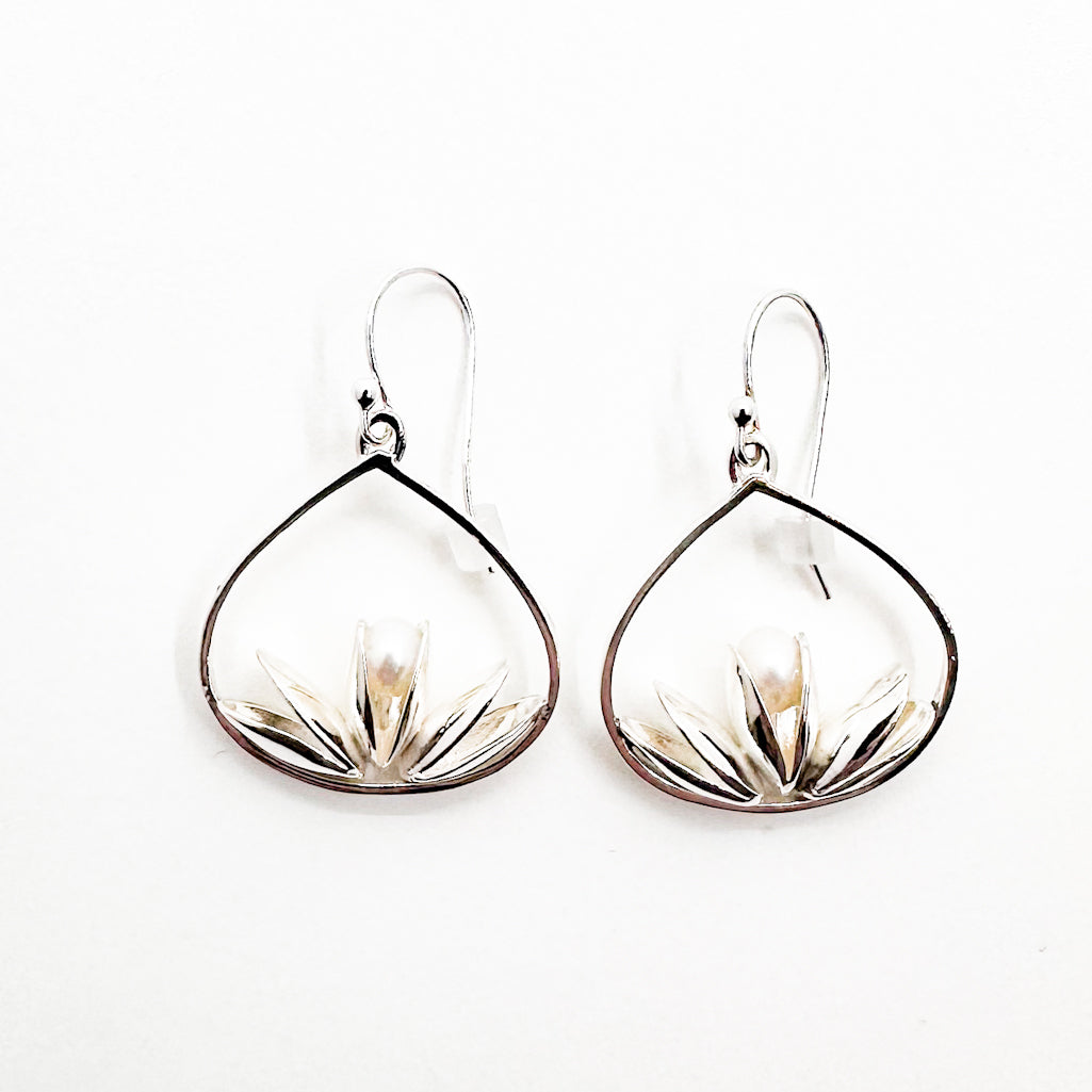 Small Lotus Teardrop Earrings with Pearls