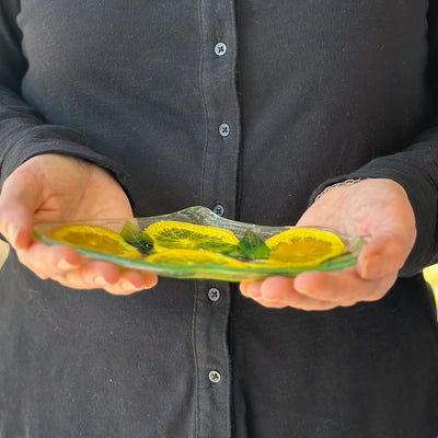 Glass Ginkgo Condiment Dish with Lemon