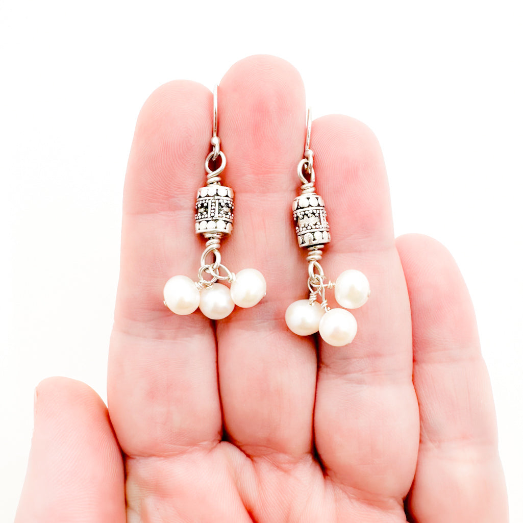 Bali Silver Pearl Trio Earrings