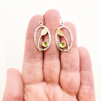Sterling and 22k Peridot Small Oval Leaf Hook Earrings
