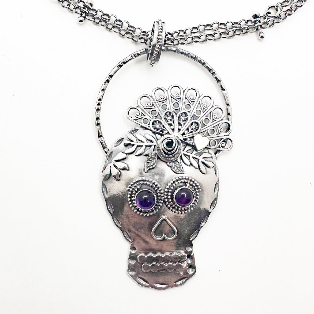 Grand Sugar Skull Fan Flowers Leaves Necklace with Amethyst
