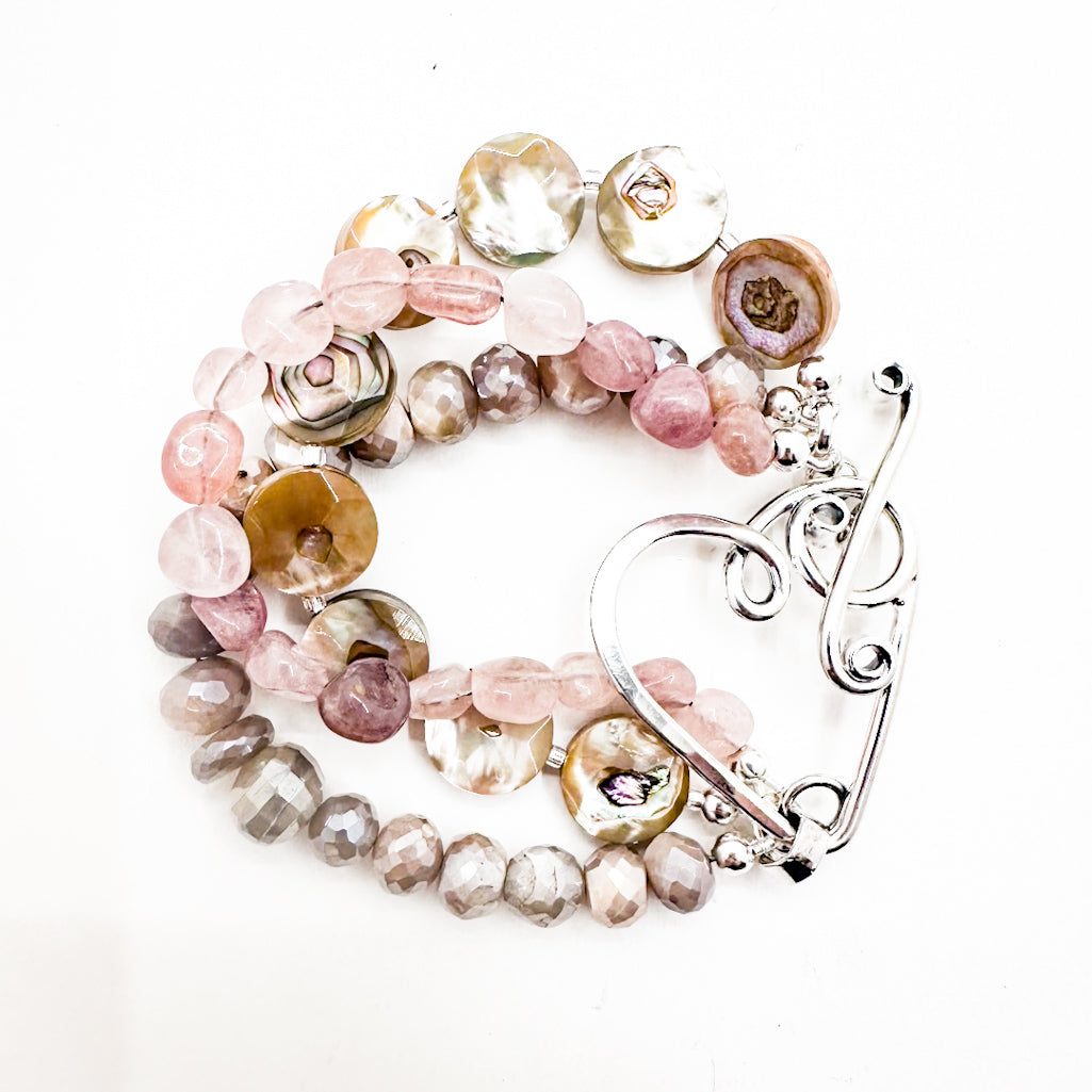 Sterling Heart Clasp Bracelet with Moonstone, Rose Quartz, and Abalone