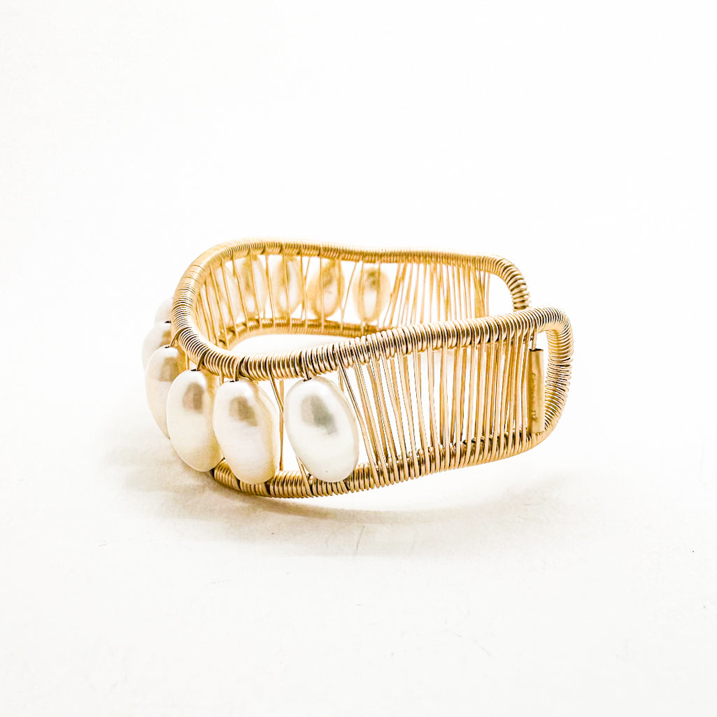 Wave Cuff with Big White Pearls