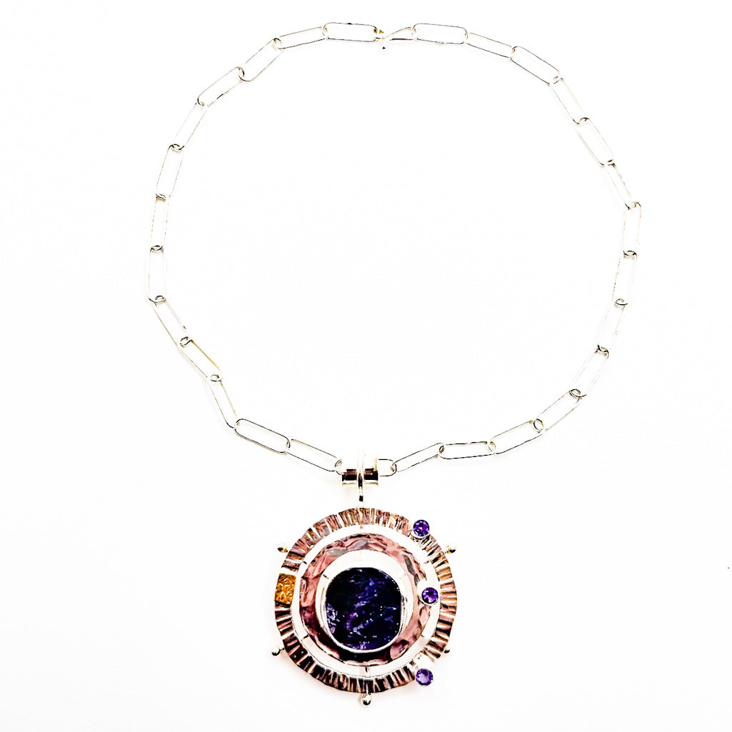 Sterling and 22k Natural Amethyst Solar Chart Necklace with Faceted Amethyst