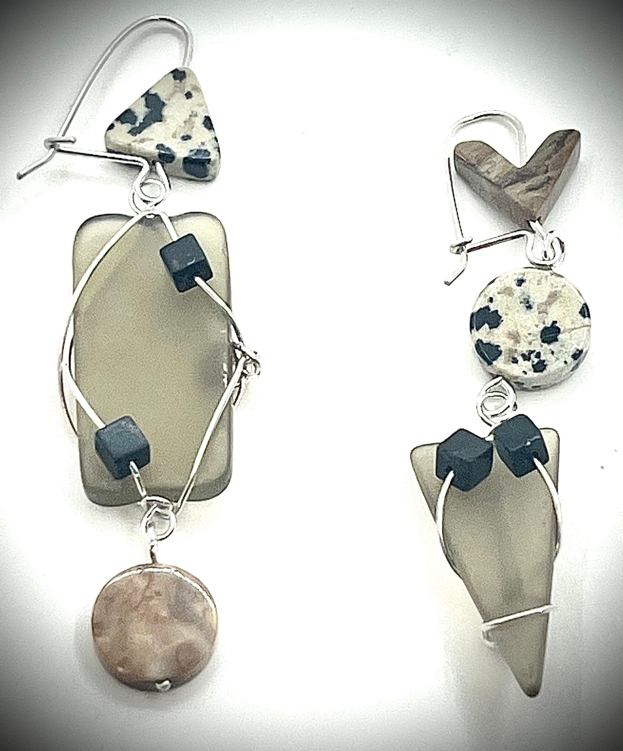 Asymmetrical Sea Glass Earrings with Dalmation Jasper and Agate