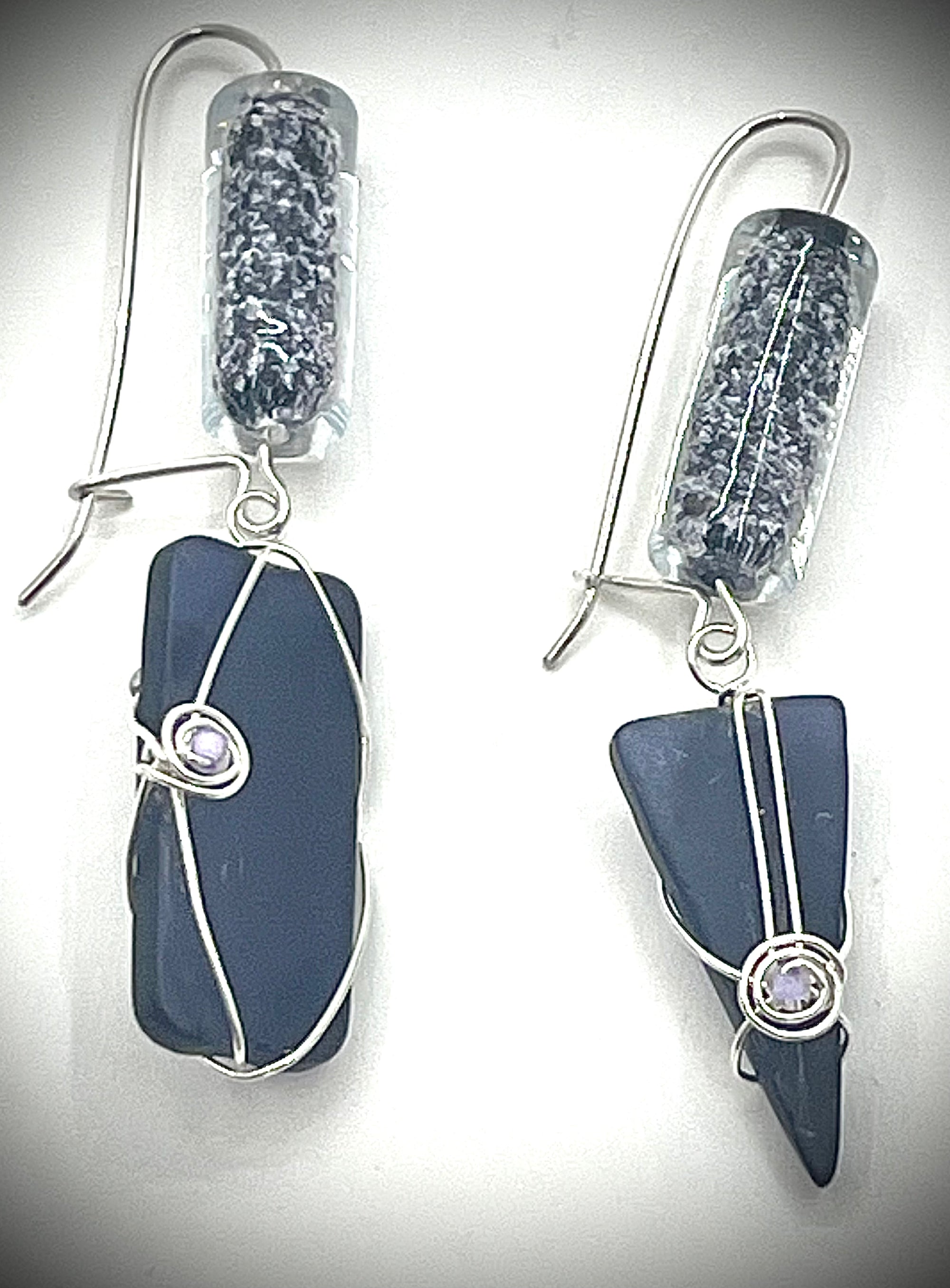 Asymmetrical Sea Glass Earrings with Czech Fire-Polished Beads