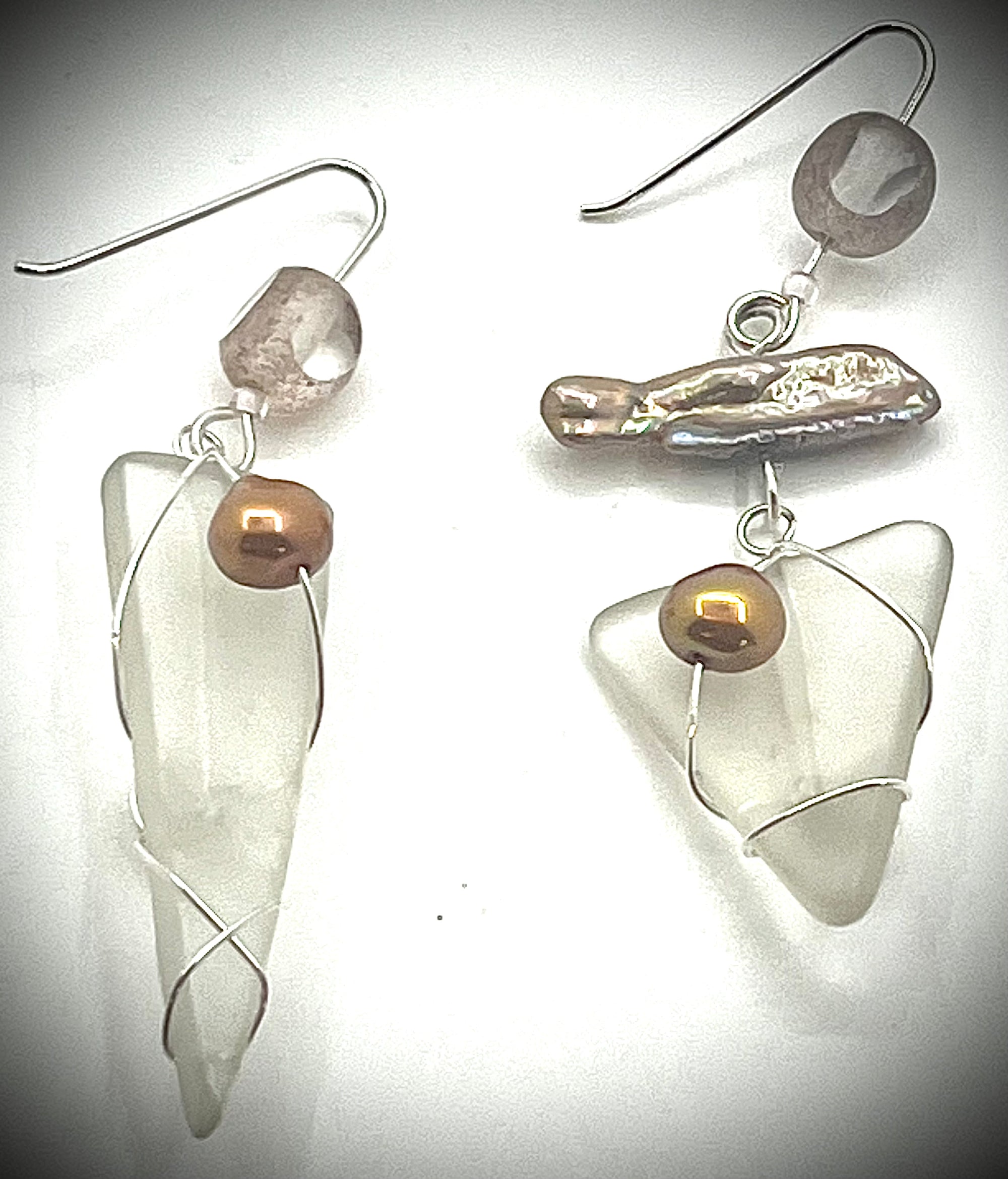 Asymmetrical Sea Glass Earrings with Pearls
