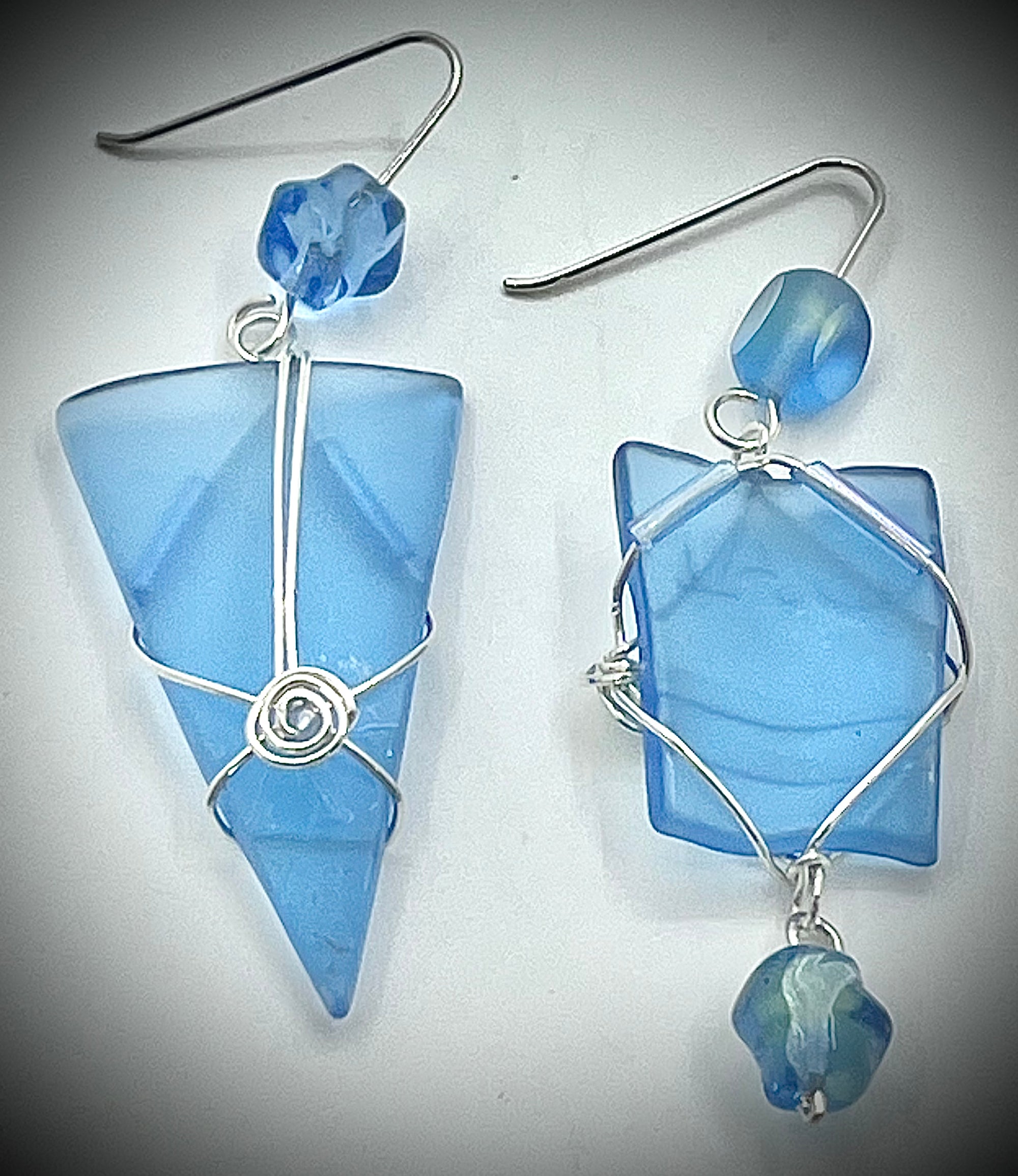 Asymmetrical Sea Glass Earrings with Blue Glass Beads