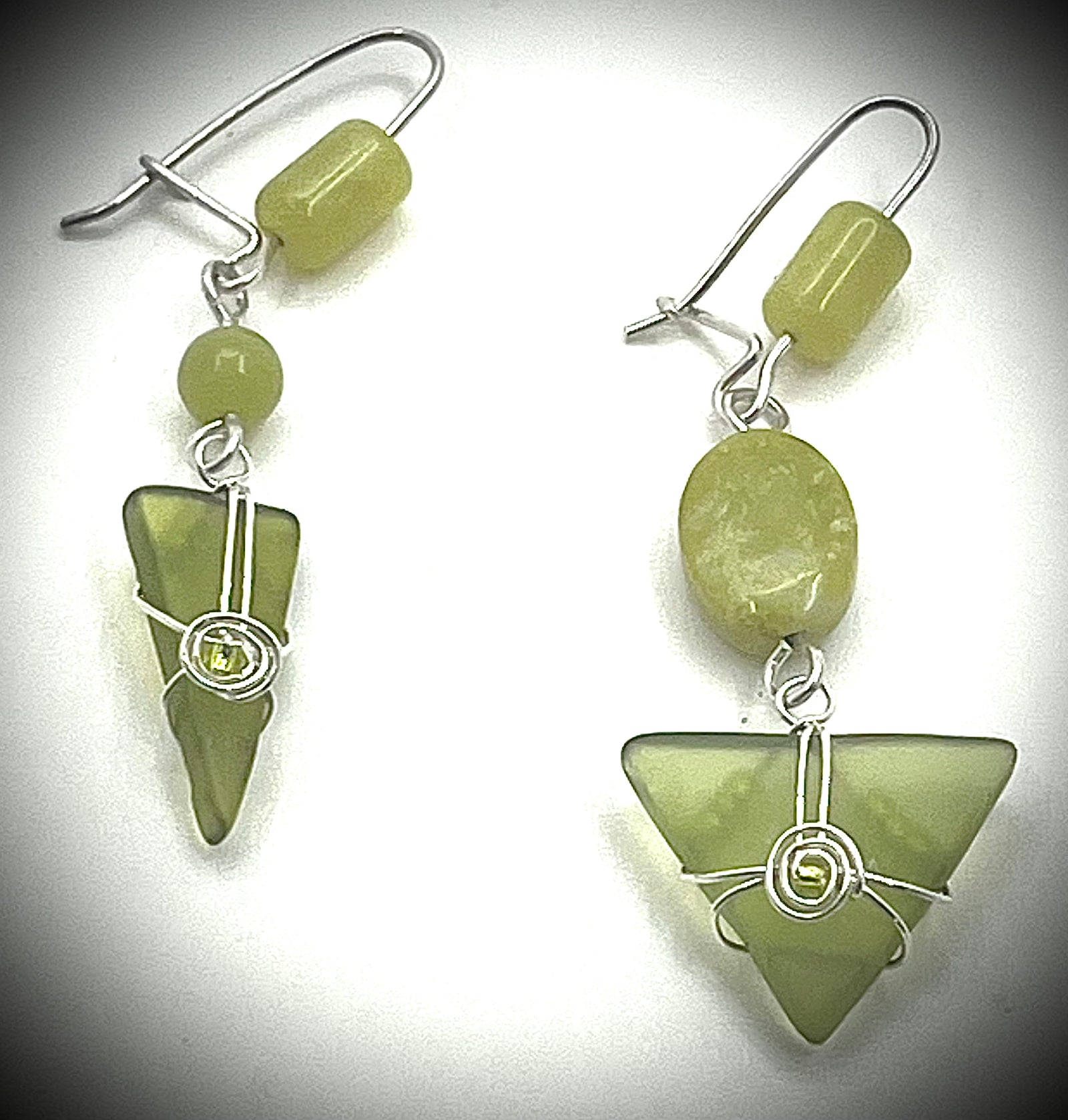 Asymmetrical Sea Glass Earrings with Jade and Yellow Turquoise Beads