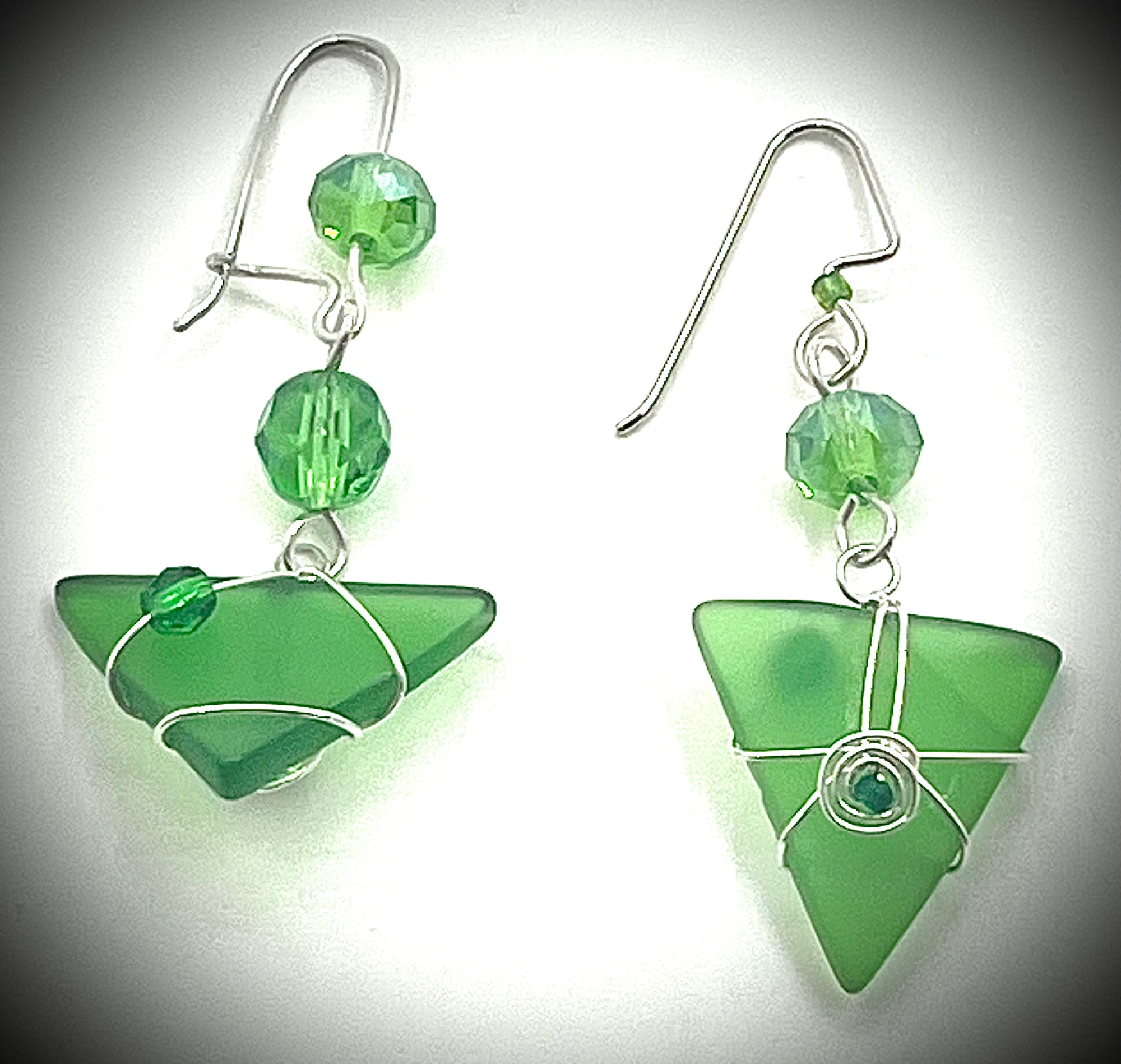 Asymmetrical Sea Glass Earrings with Crystal Beads