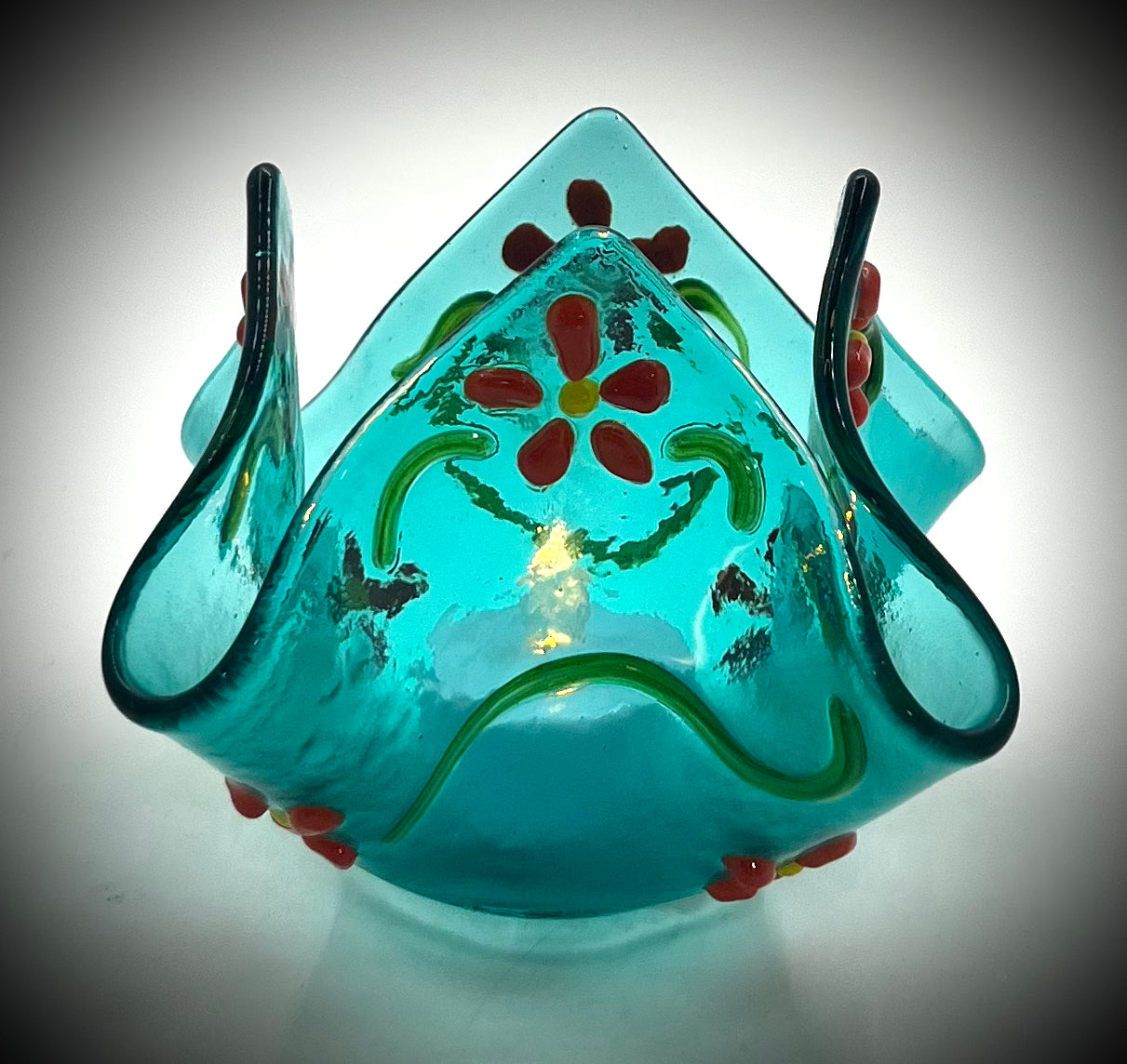 Teal Votive Holder with Red Flowers