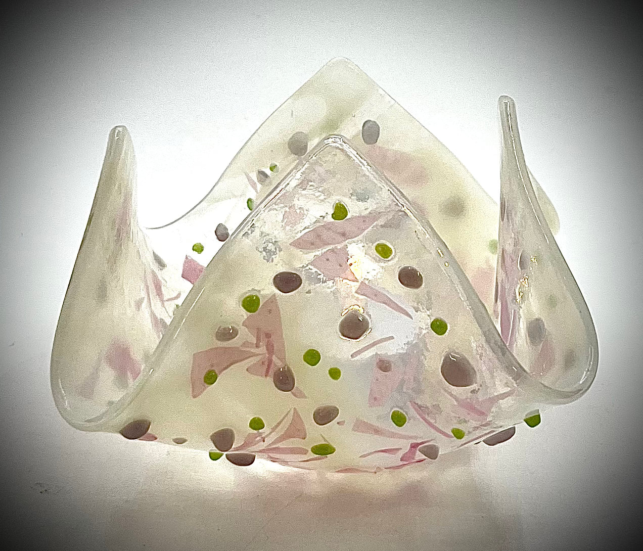 White Glass Votive with Pink/Green/Lavender Accents