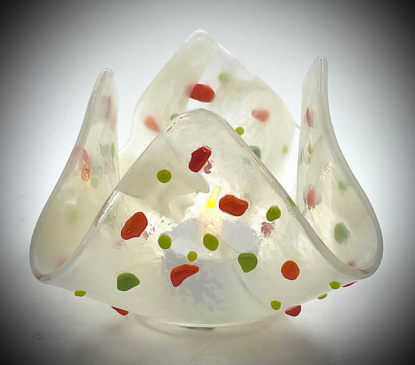 White Glass Votive with Orange and Green Accents