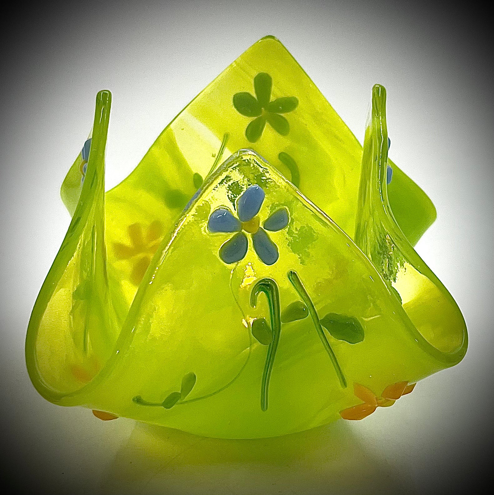 Green Glass Votive with Blue/Orange Flowers