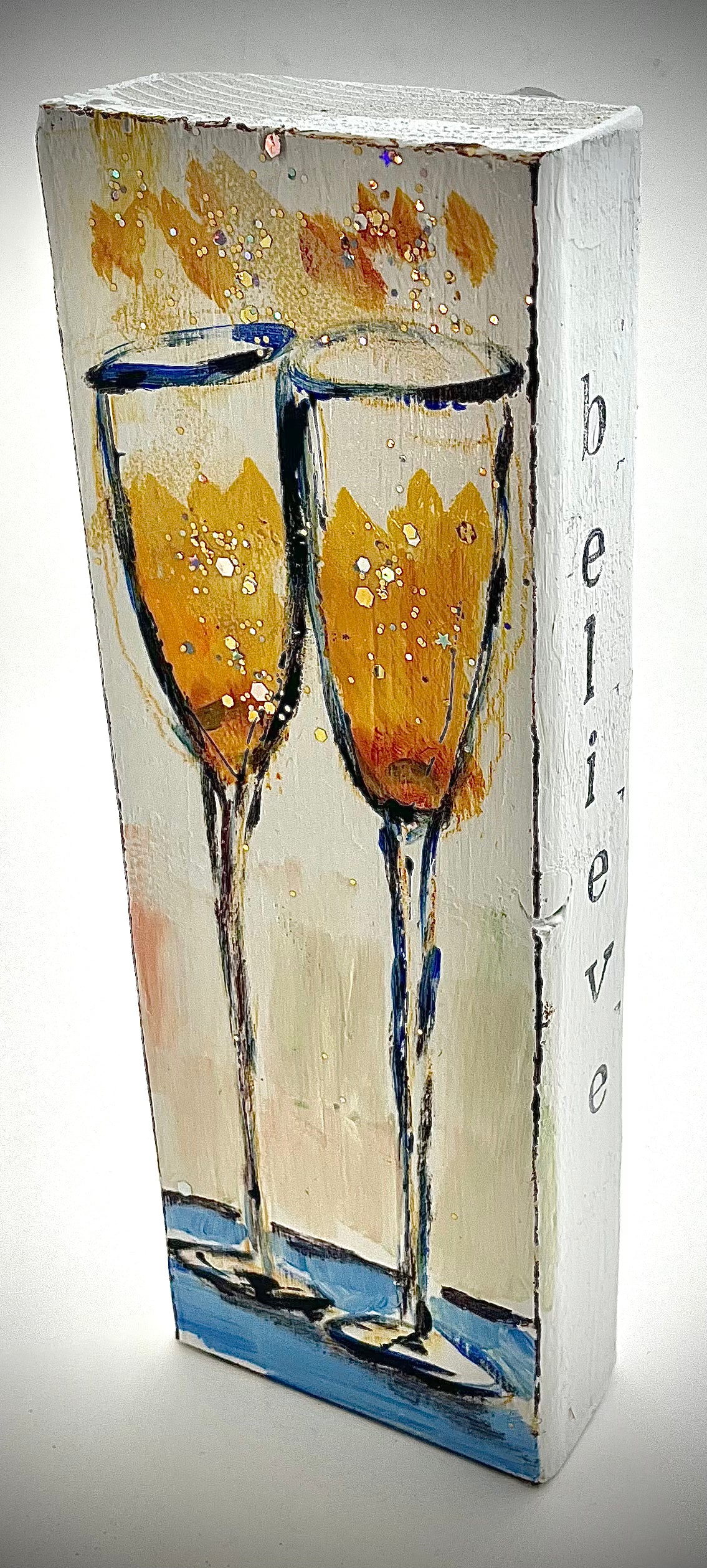 Champagne Glasses Painted Wood Block