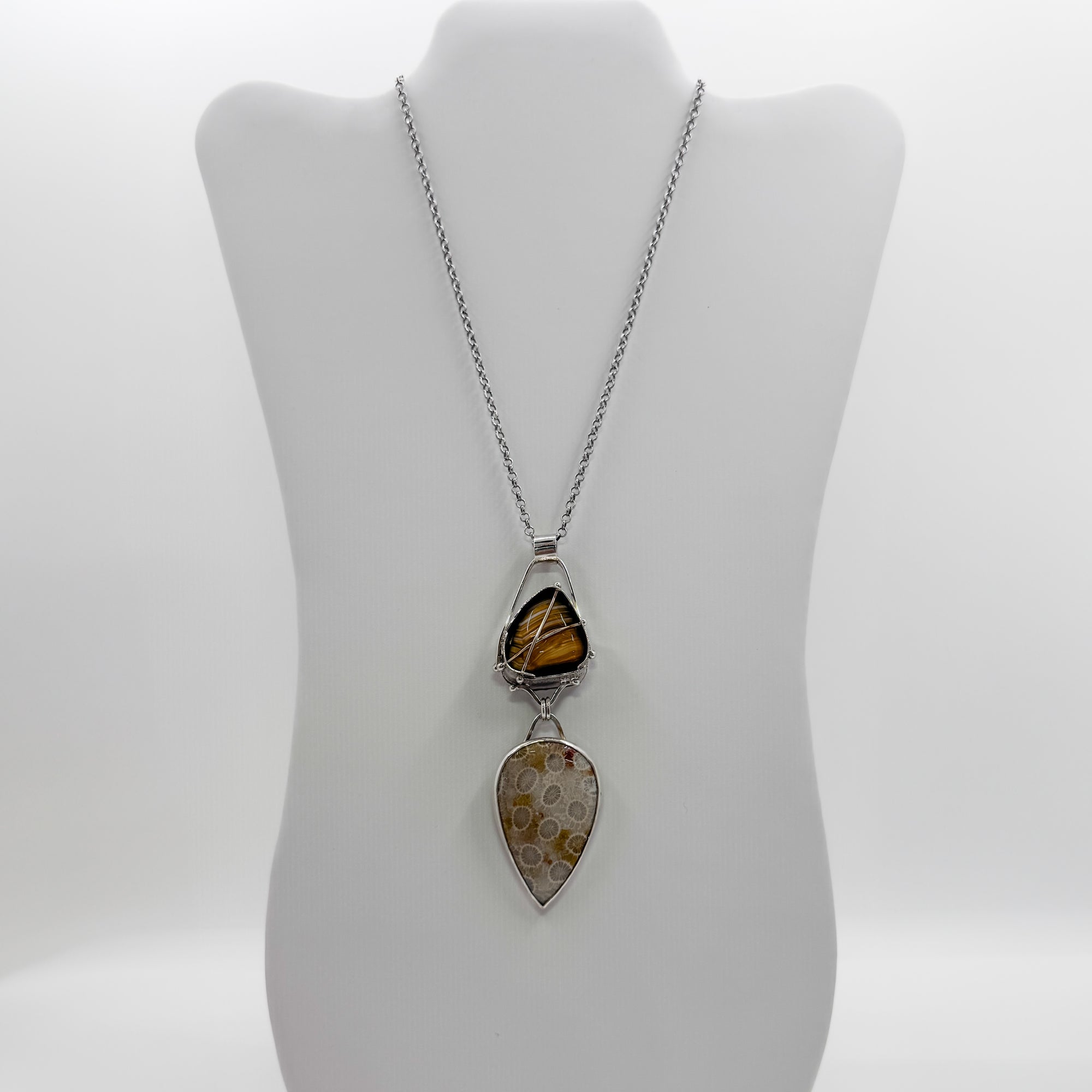 Cross Caged Botswana Agate with Fossilized Coral Teardrop Pendant necklace