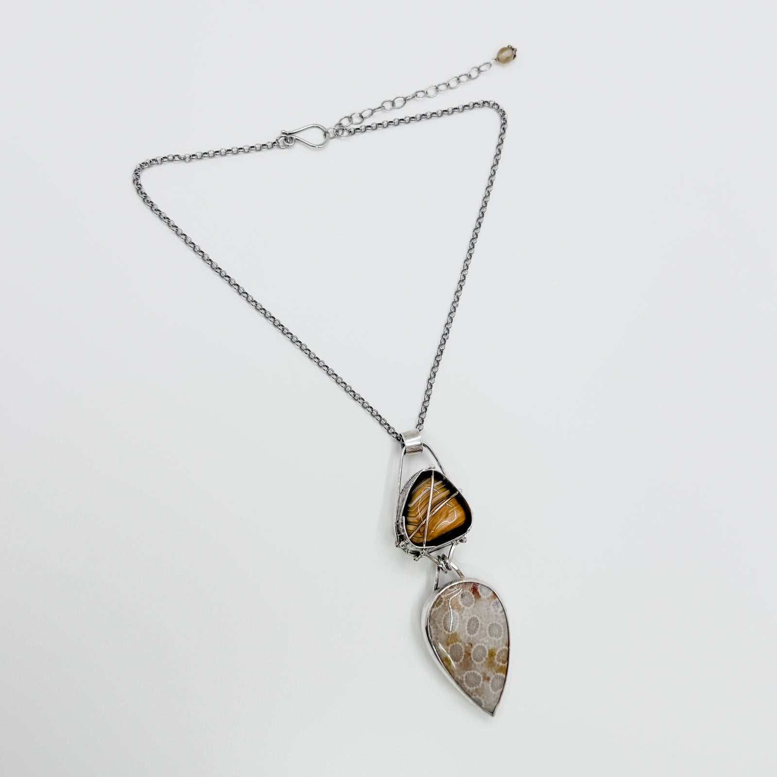 Cross Caged Botswana Agate with Fossilized Coral Teardrop Pendant necklace