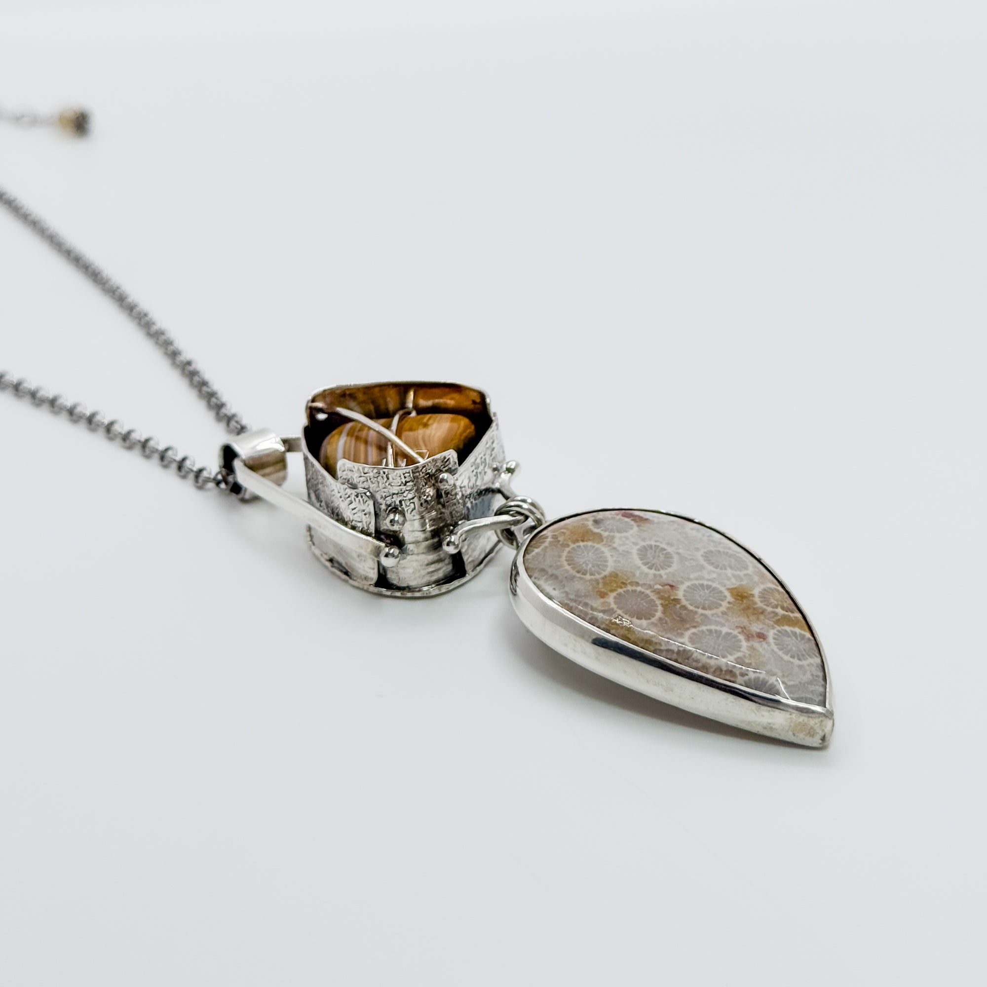 Cross Caged Botswana Agate with Fossilized Coral Teardrop Pendant necklace